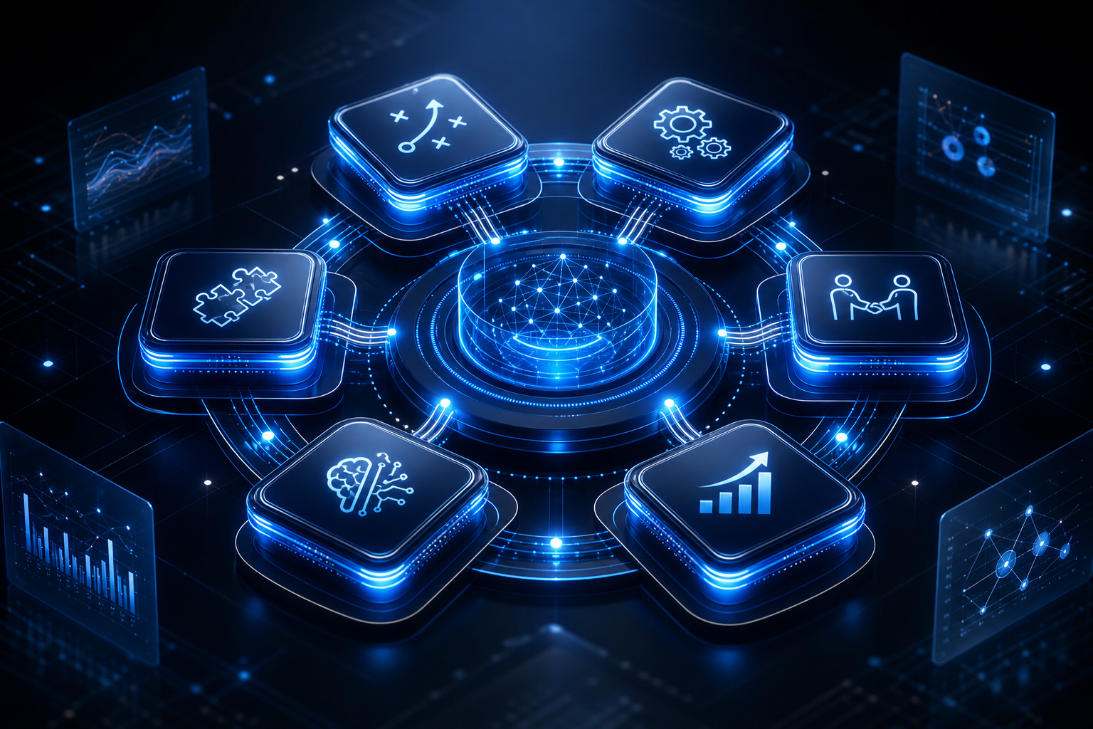 Six connected digital operating disciplines forming one AI-enabled business operating system