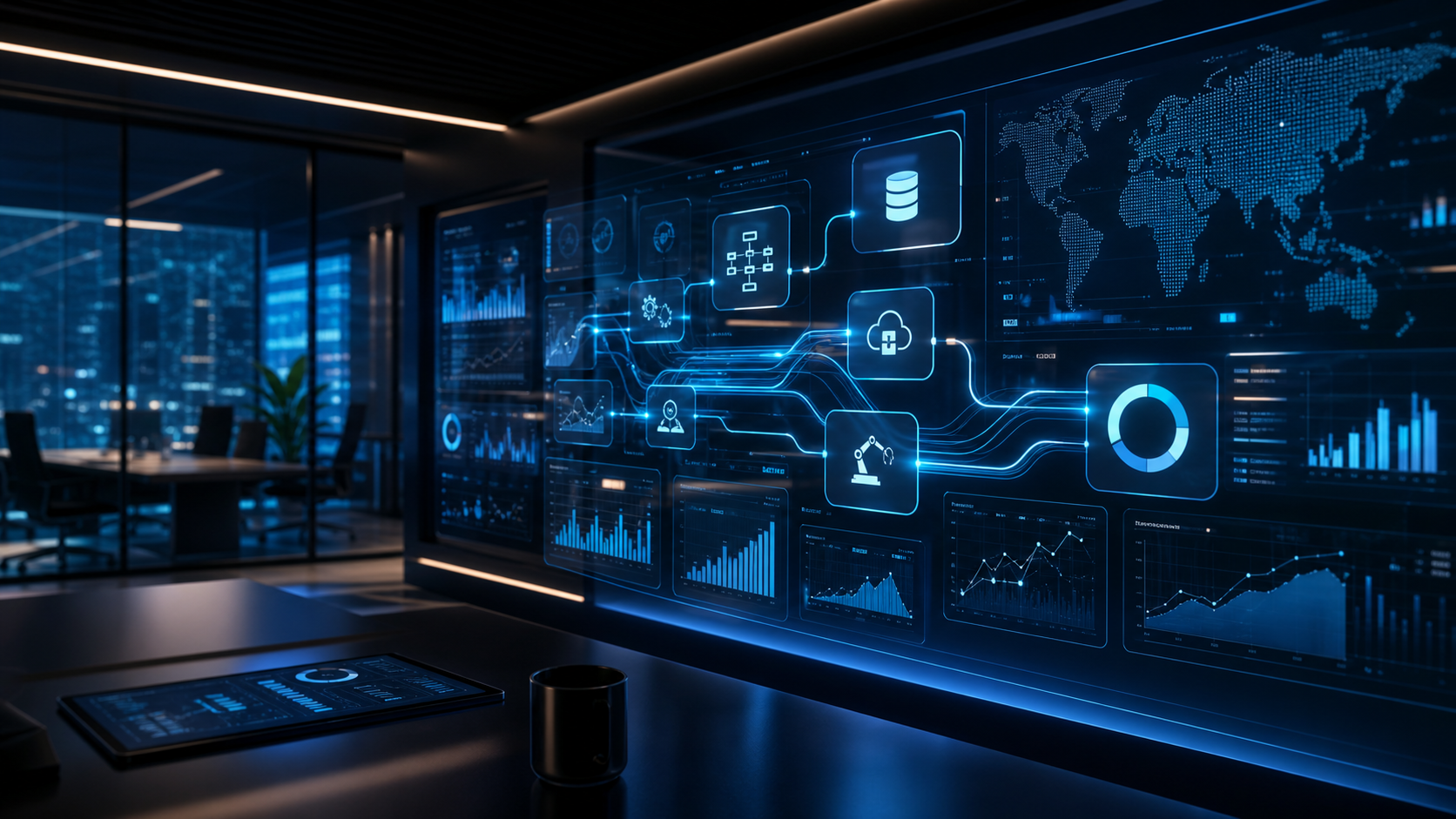 AI-enabled operations command center with connected dashboards and system workflows
